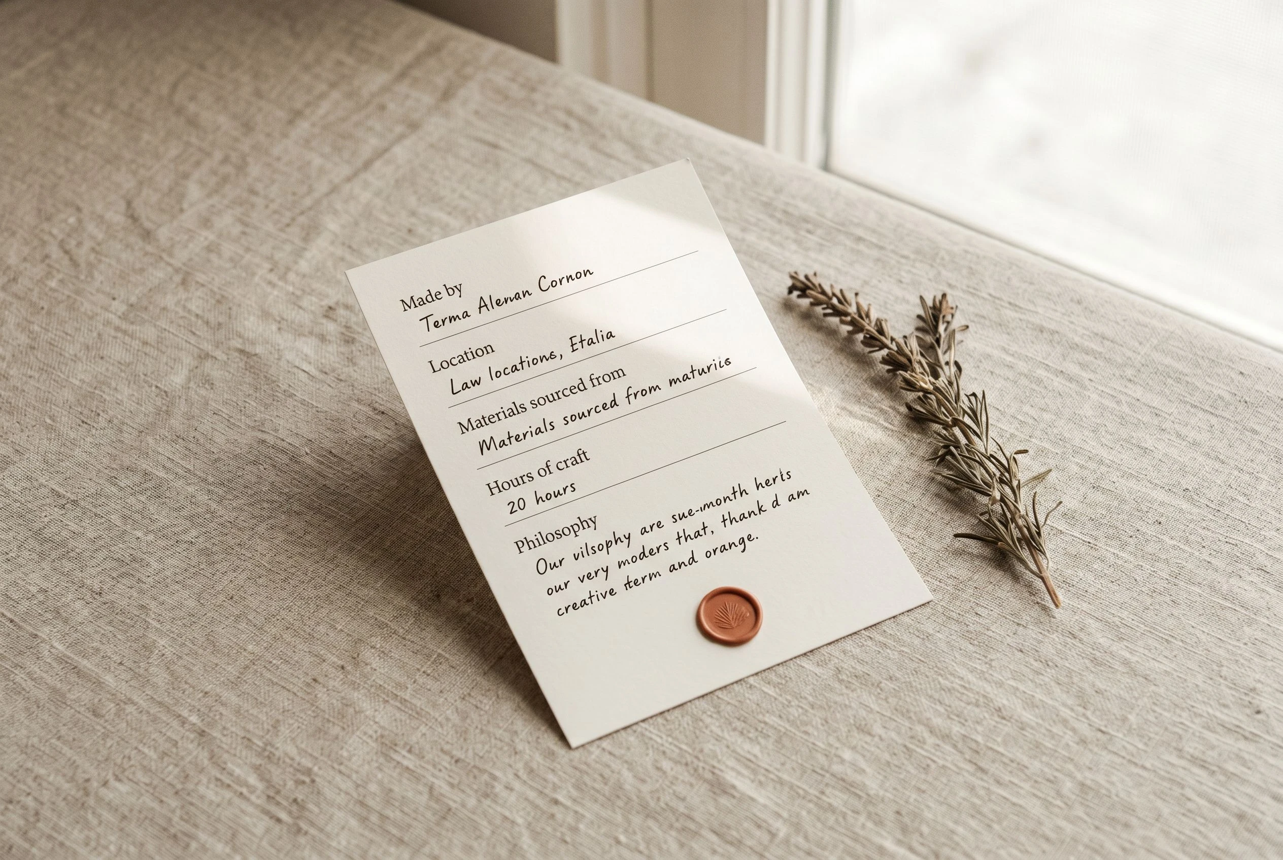 Flat-lay of the printed Craft Journey provenance card, showing fields for maker name, location, materials, hours of craft, and philosophy