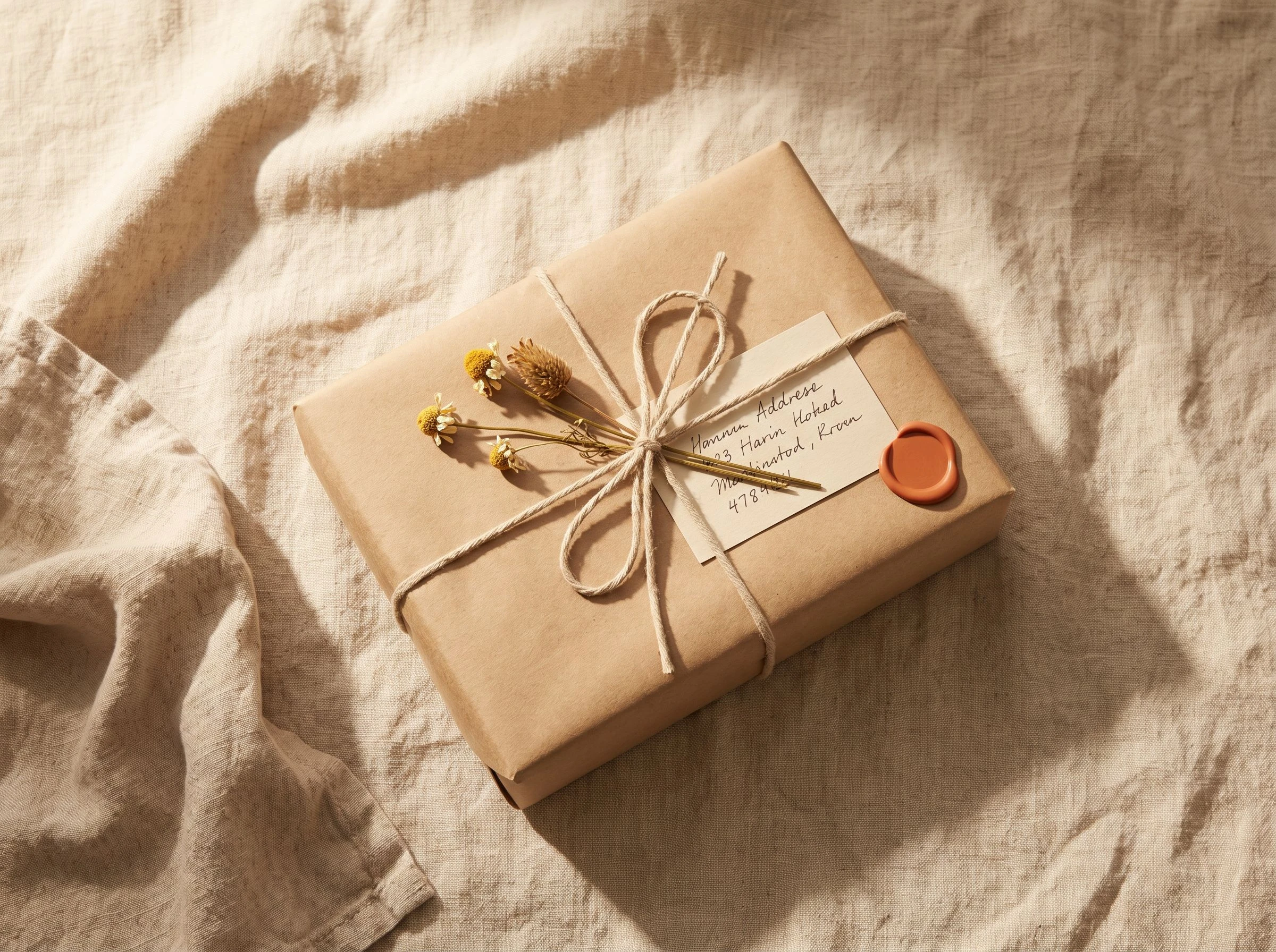 Editorial flat-lay of a kraft-wrapped artisan parcel tied with natural twine, a handwritten address label, and a sprig of dried botanicals, resting on a linen surface