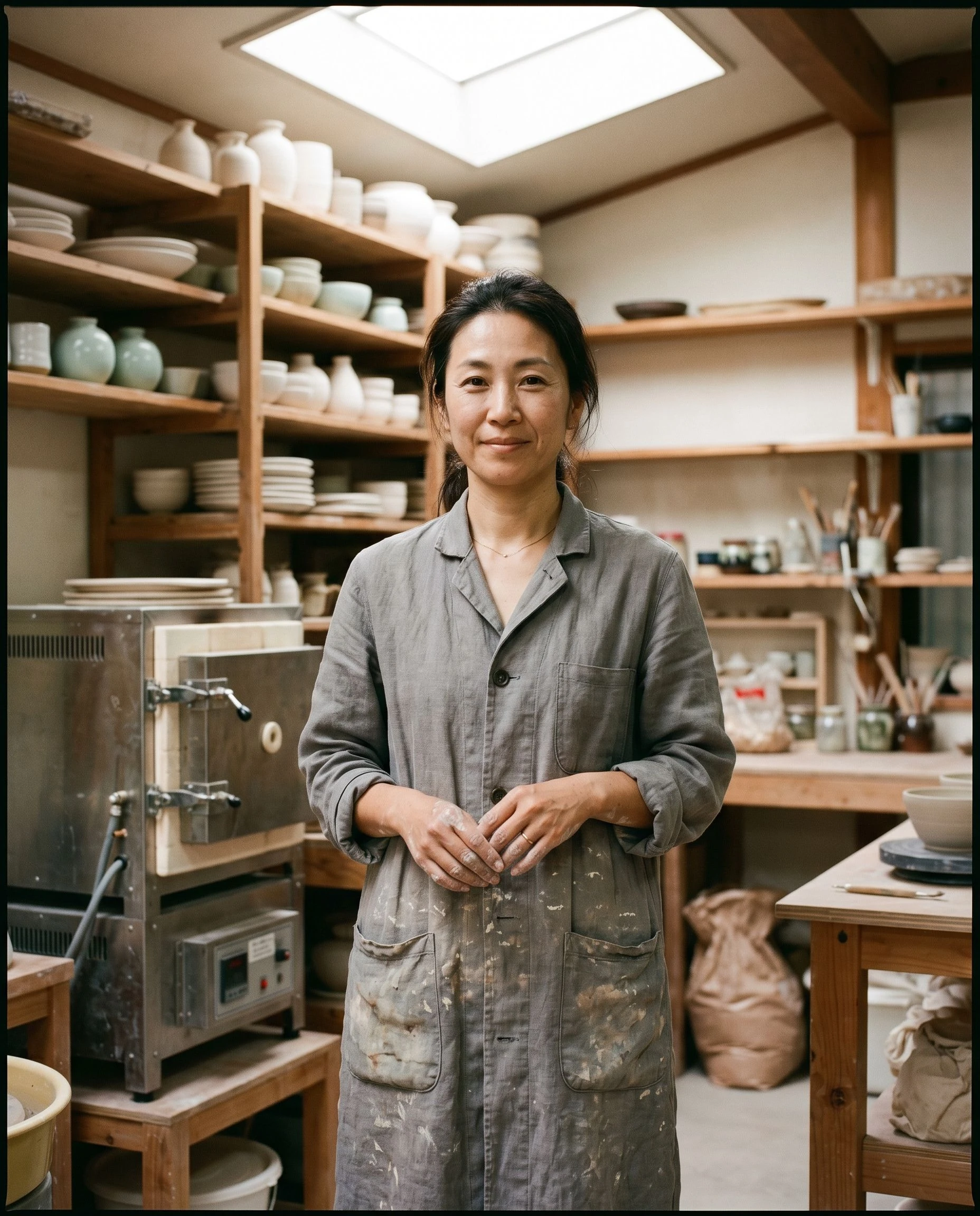 Yuki, a ceramicist, stands in her Kyoto studio with wood-fired kilns visible behind her, looking directly at the camera in natural light