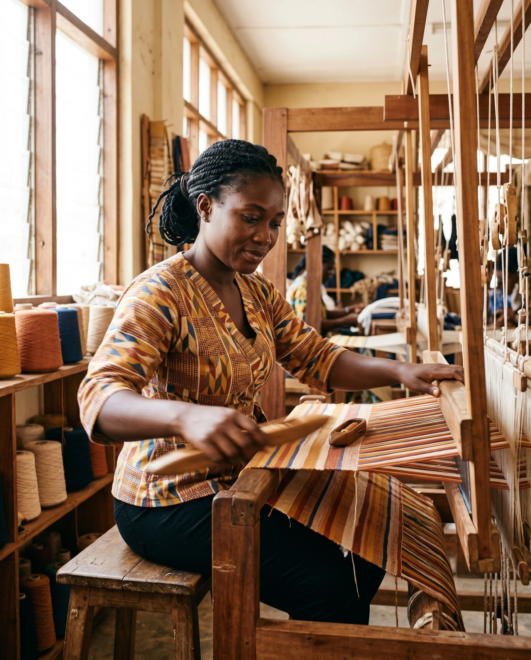 Amara, a textile weaver, works mid-motion at a traditional loom in her Accra workshop, daylight crossing the threads