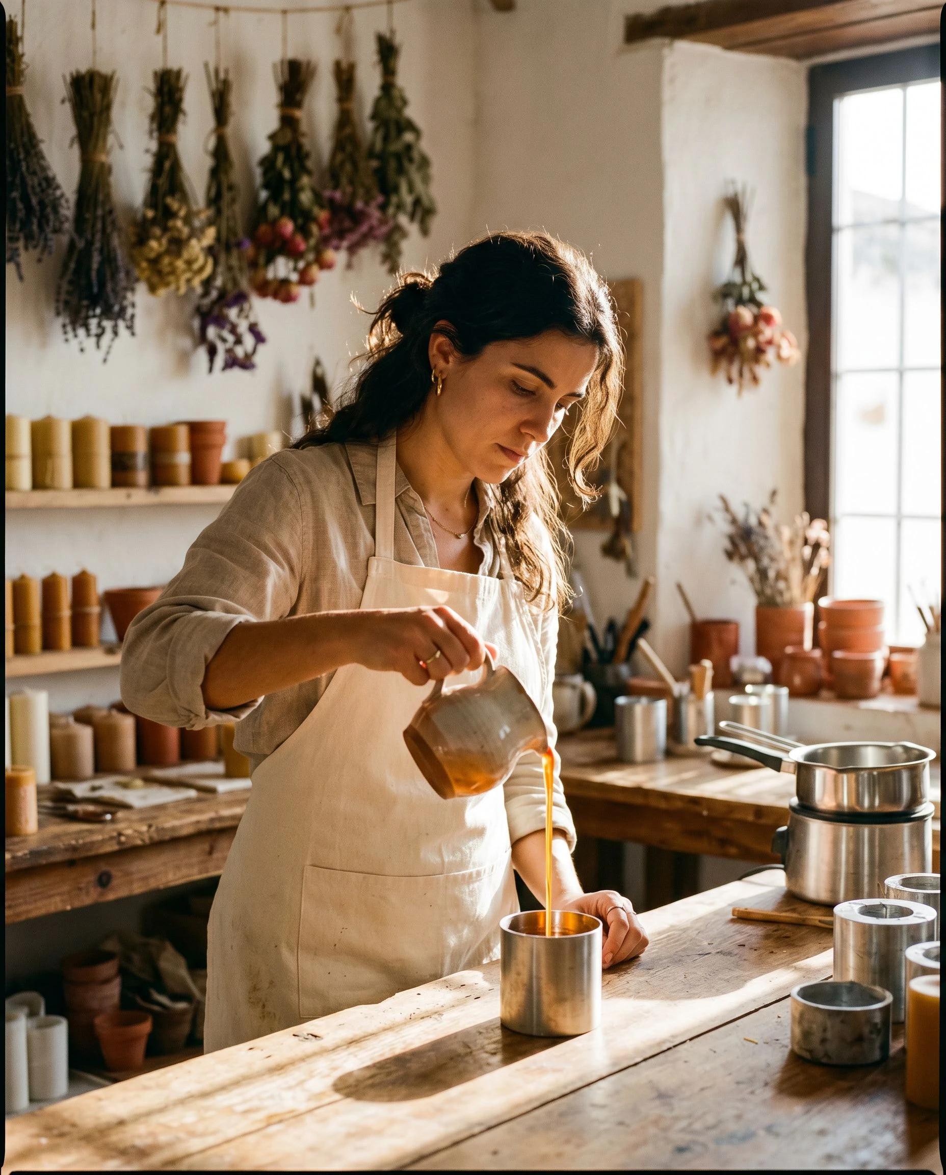 Sofía pours beeswax from a copper jug in a sunlit Seville workshop, the warm afternoon light catching the pour