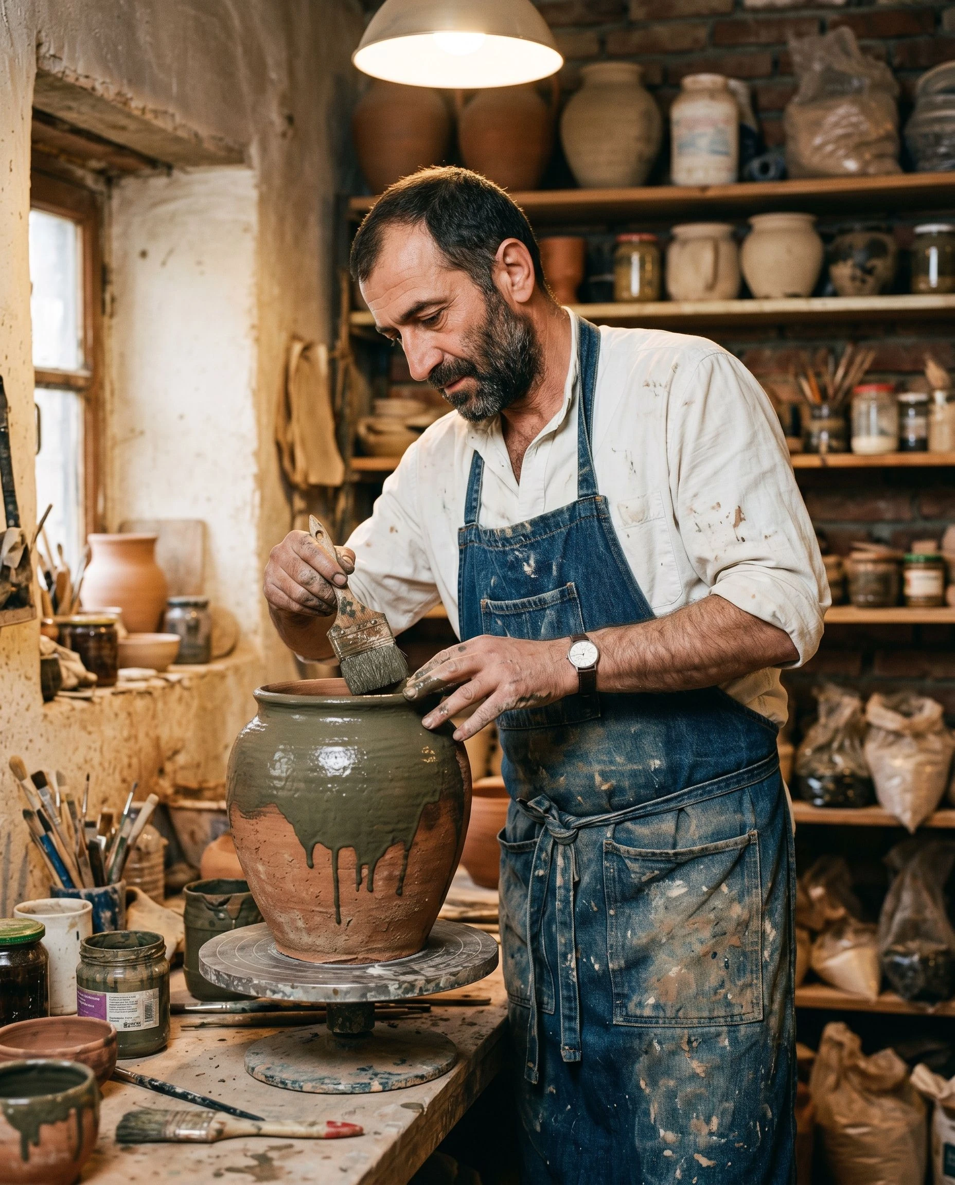 Dmitri's hands apply glaze to a large ceramic vessel in his Tbilisi studio, the surface showing a deep layered tone