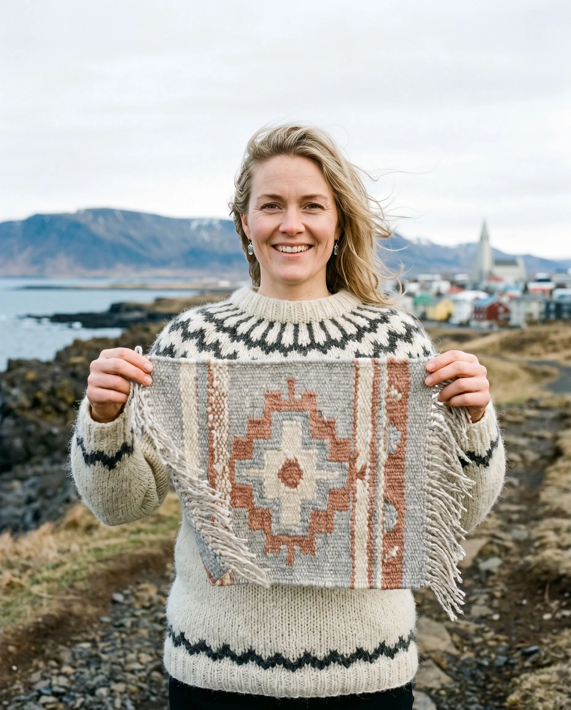 Ingrid stands outdoors in Reykjavik, holding a finished woven textile piece against a pale overcast sky