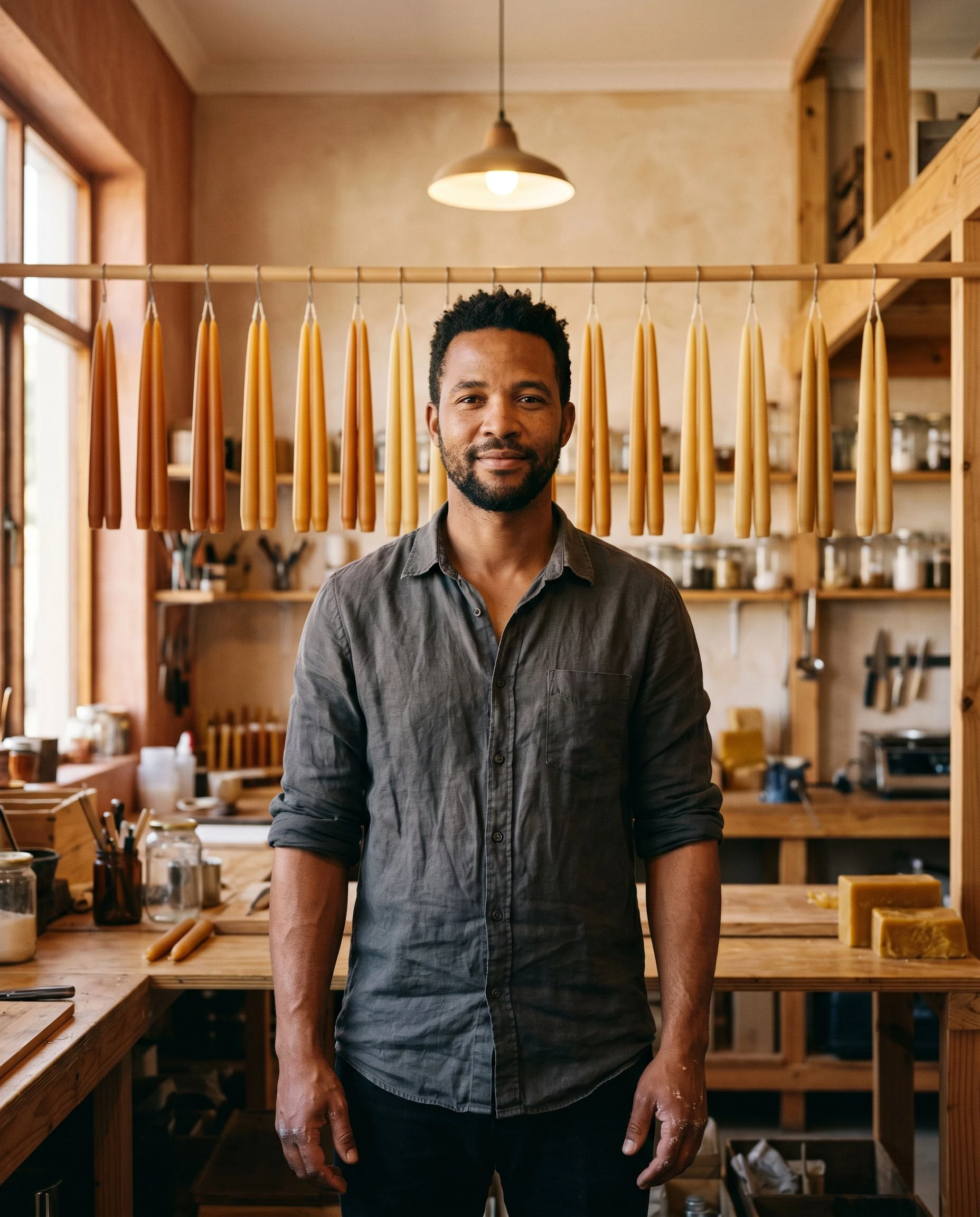 Theo stands in his Cape Town workshop, rows of drying beeswax tapers suspended behind him in warm workshop light