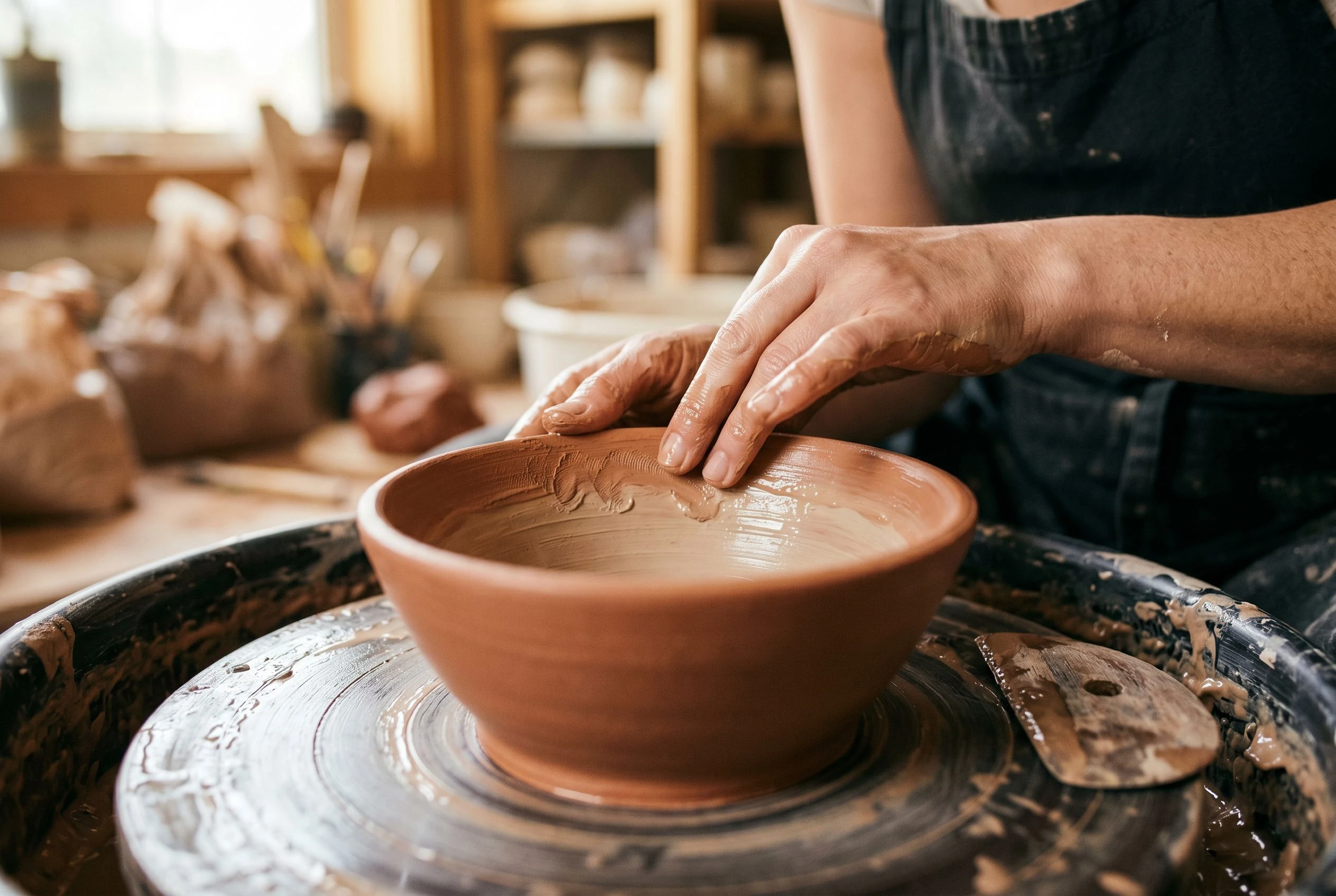 Close-up of Leila's hands smoothing the rim of a thrown bowl, revealing the texture of red earthenware clay mid-process