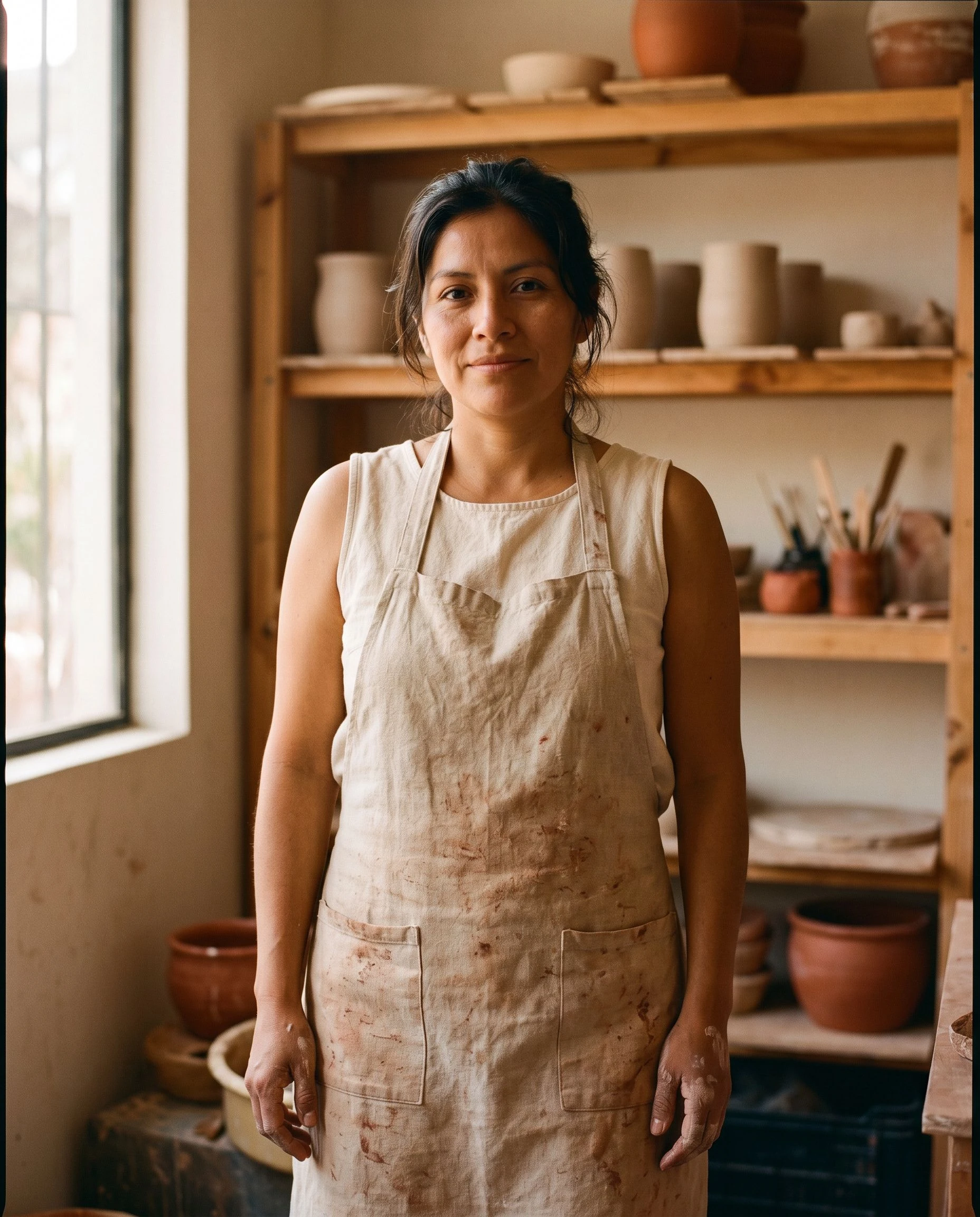 Leila Vásquez, ceramicist, stands in her Oaxaca studio surrounded by raw clay shelves, illuminated by natural window light