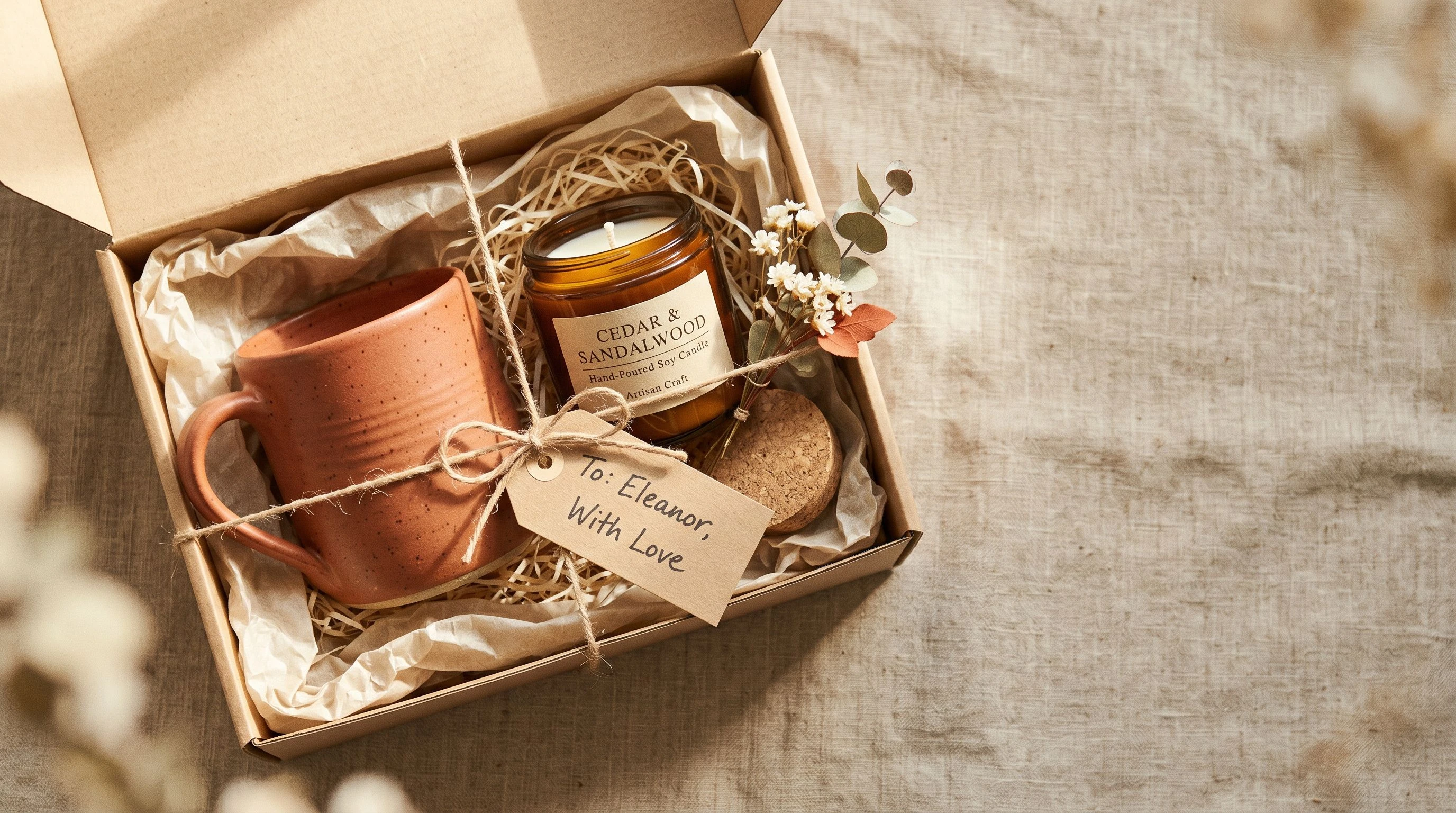 A ceramic mug and an artisan candle arranged in kraft gift packaging with a handwritten tag, warm amber light