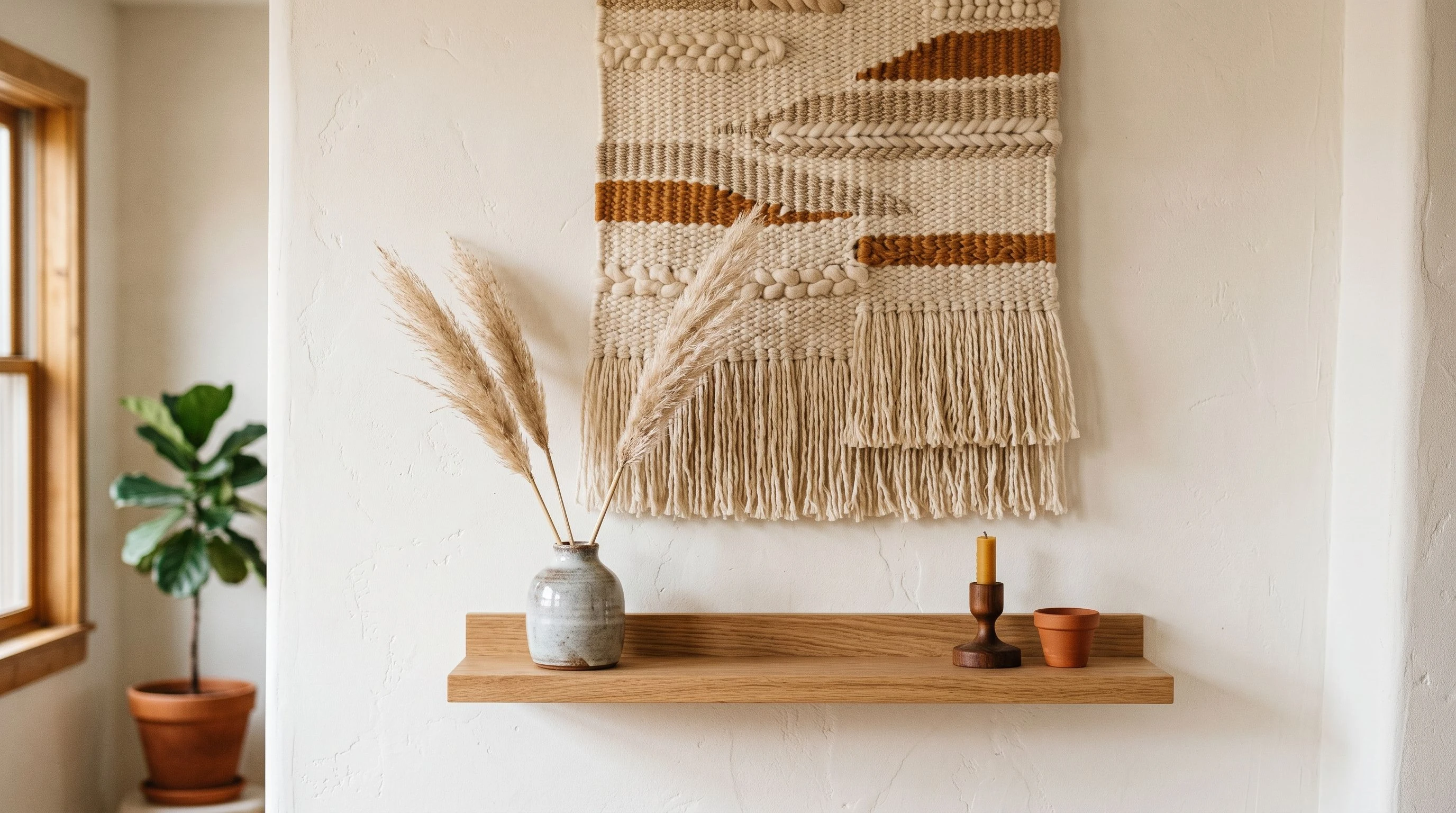 A hand-woven textile wall hanging above a natural wood shelf holding a small ceramic vase, styled in warm indoor light