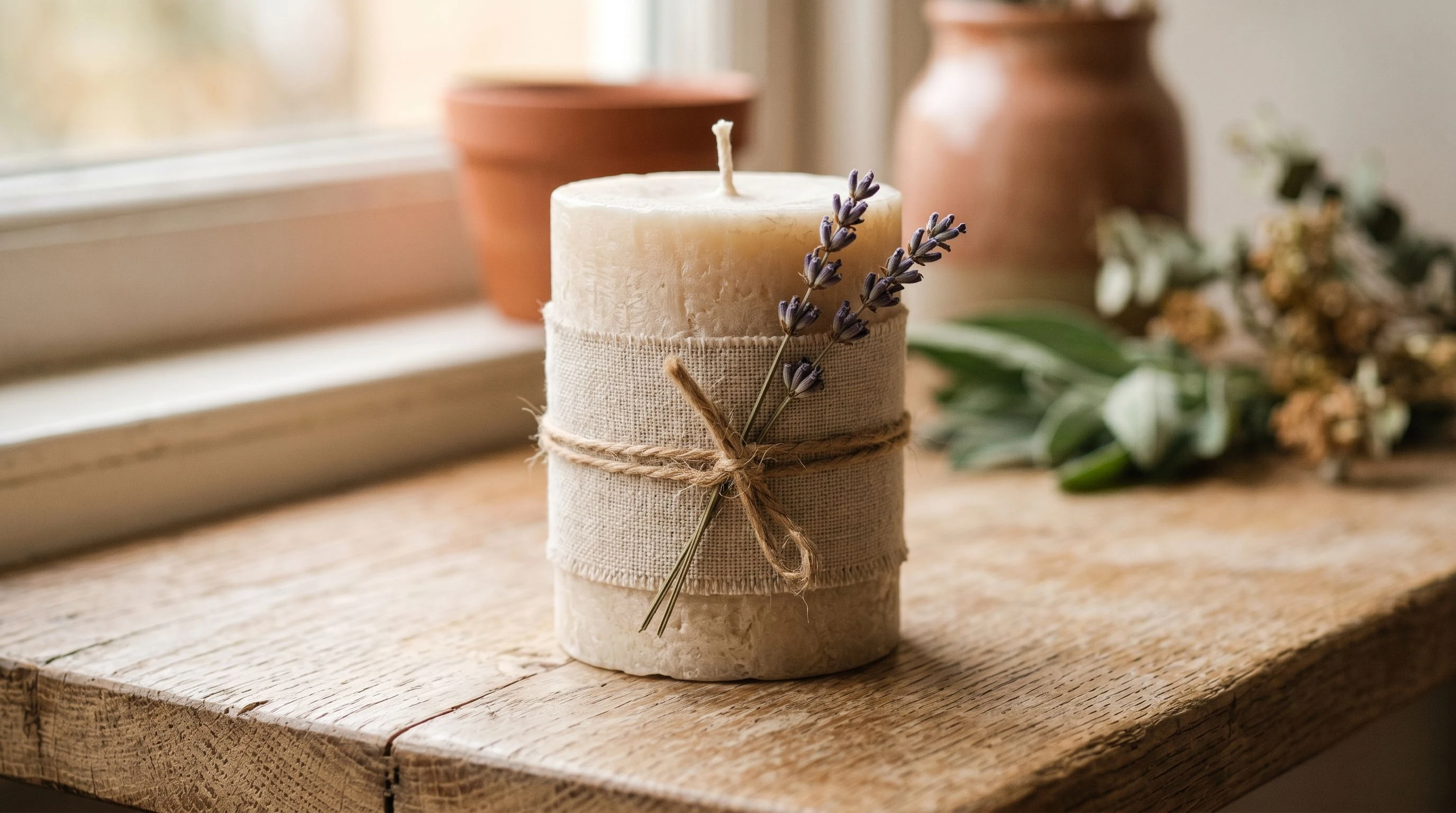 A linen-wrapped artisan candle with a dried lavender sprig, photographed in soft natural daylight