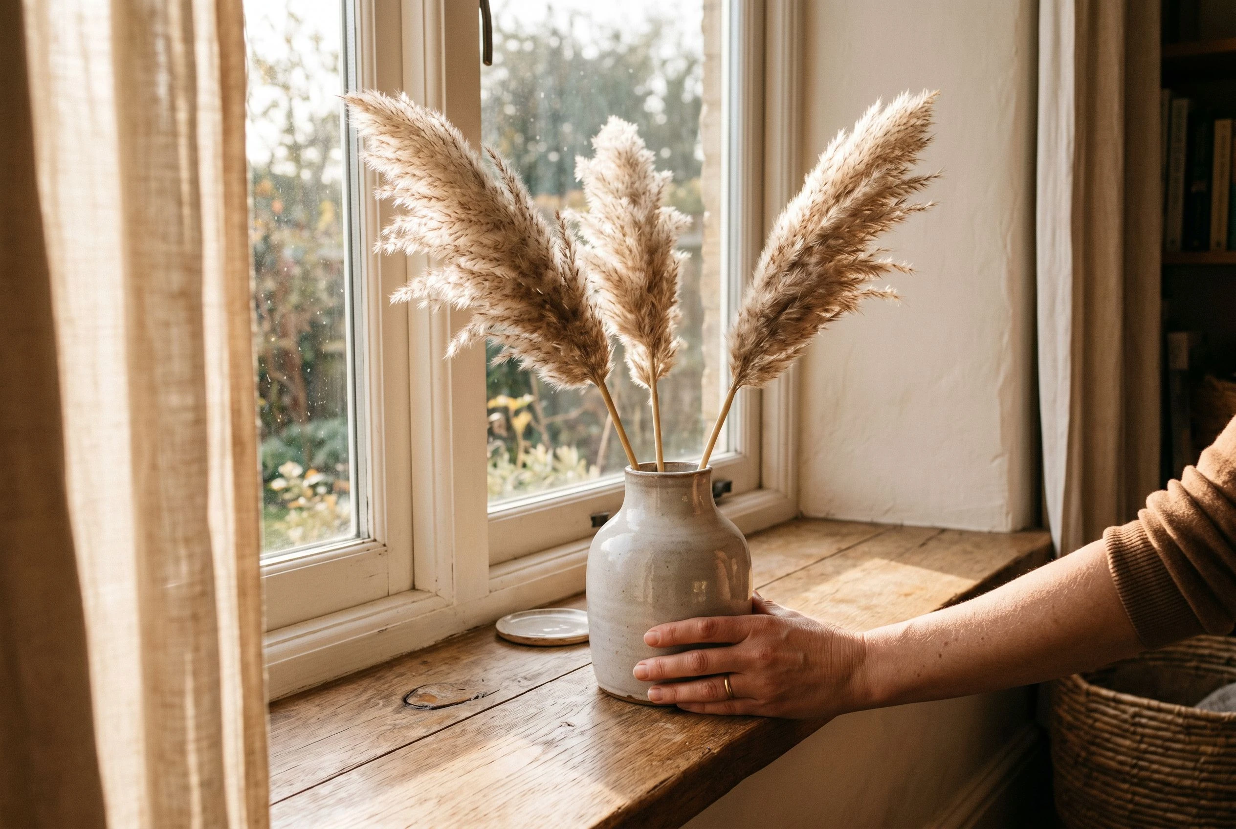 A hand-thrown ceramic vase with a cluster of dried grasses arranged inside, placed on a windowsill in warm afternoon light, a buyer's hand visible at the frame edge