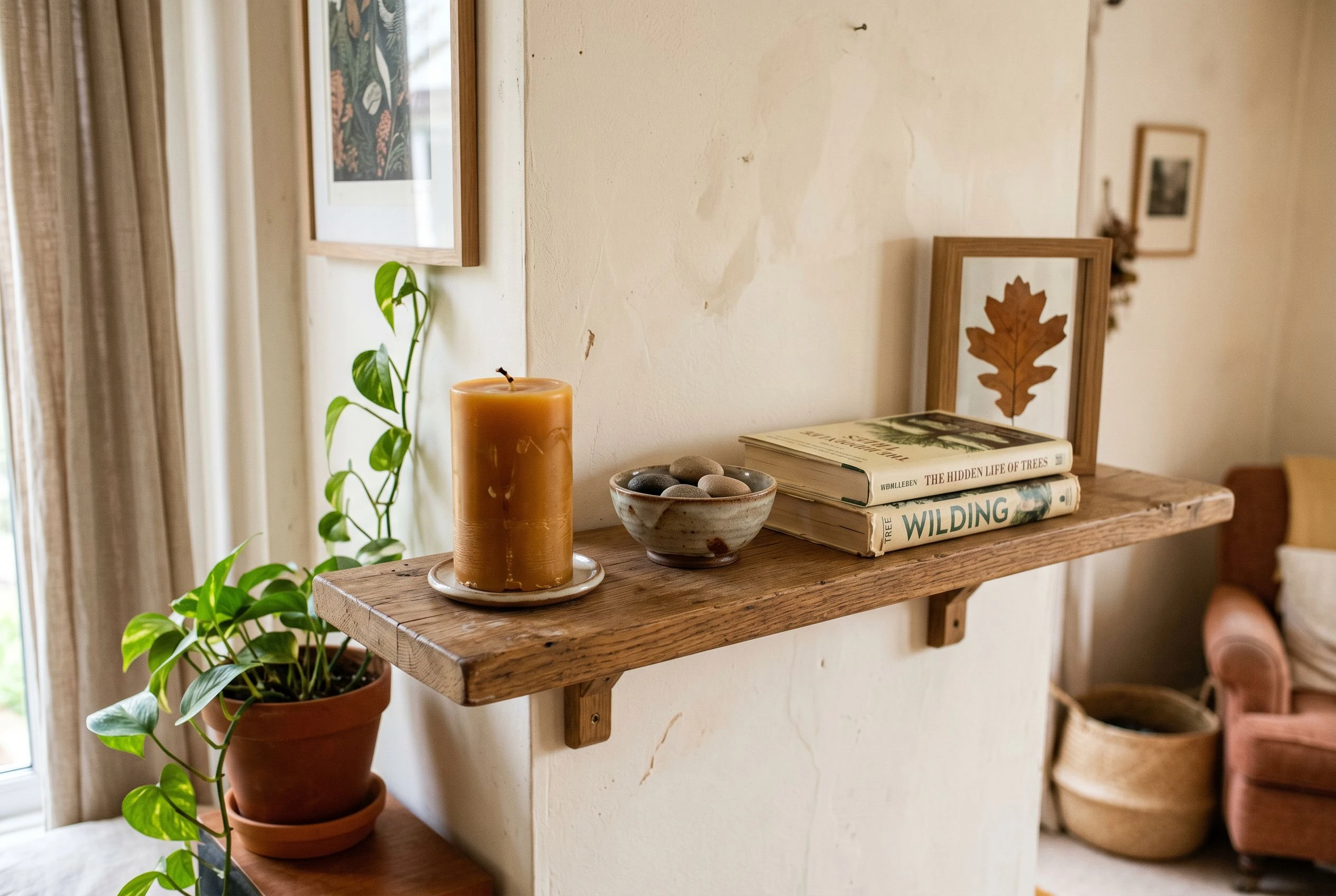 An artisan beeswax taper in a handmade ceramic holder on a home shelf beside a small ceramic bowl, photographed in a warm living room context