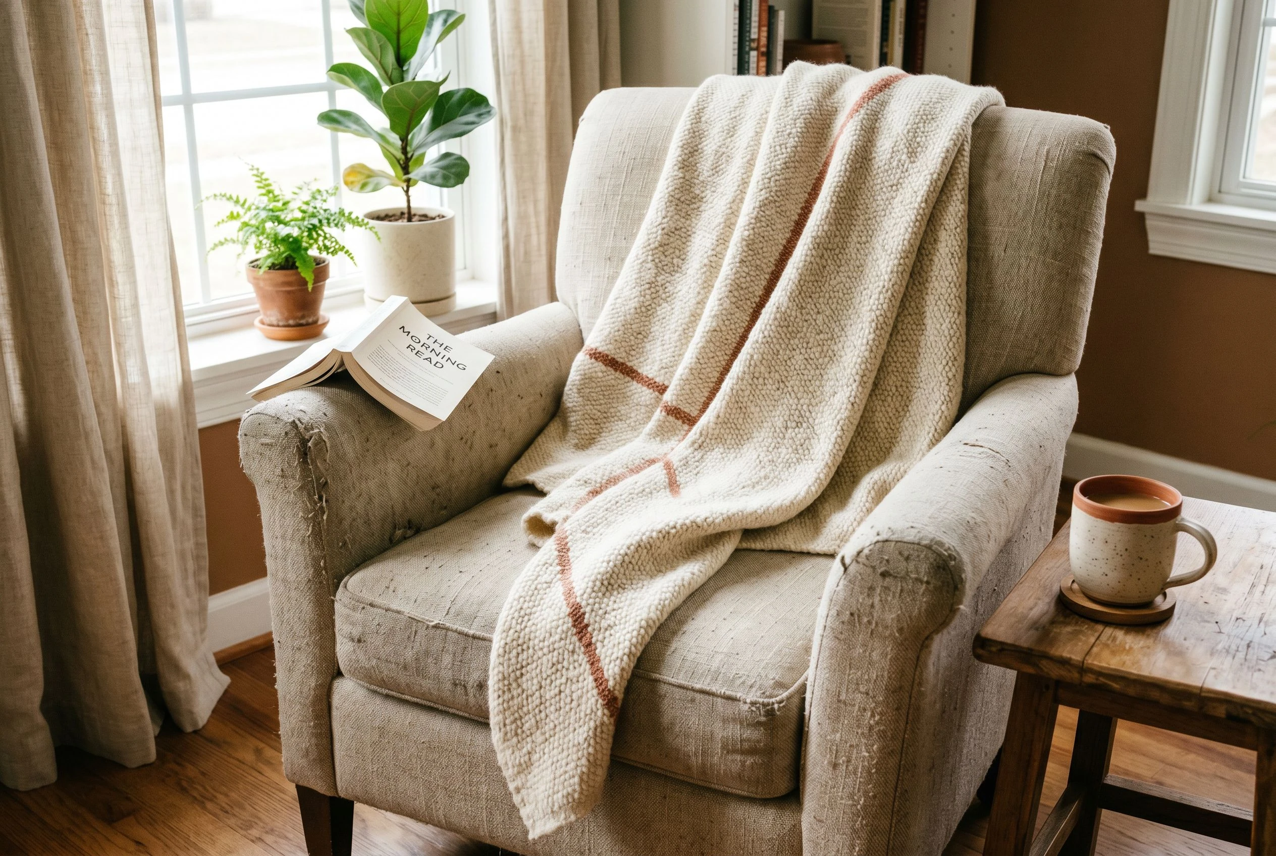 A hand-woven throw in natural wool draped over an armchair in a bright, lived-in reading corner with morning light coming through a tall window
