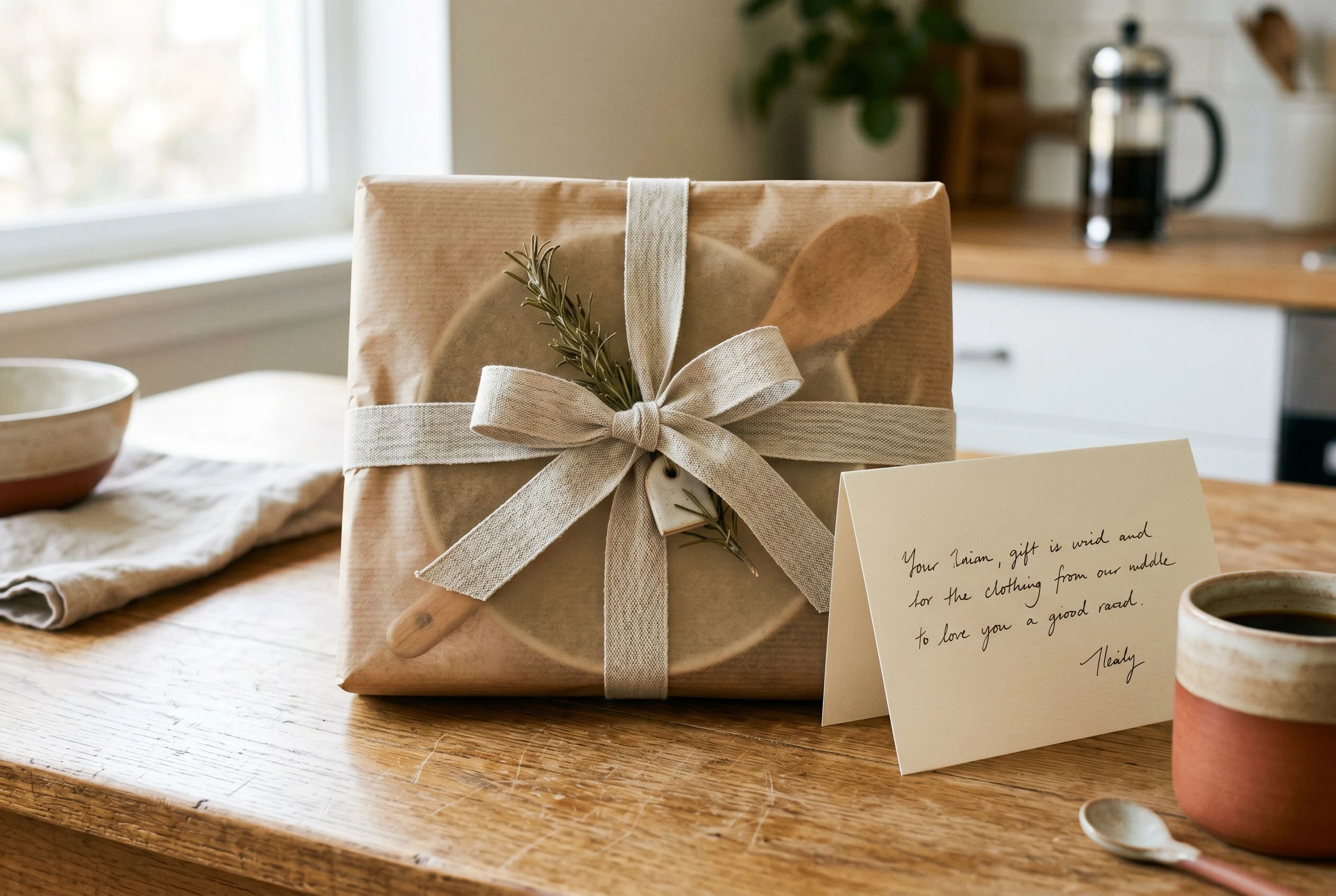 A kraft-wrapped artisan parcel tied with natural twine on a kitchen table, a handwritten card propped open beside it